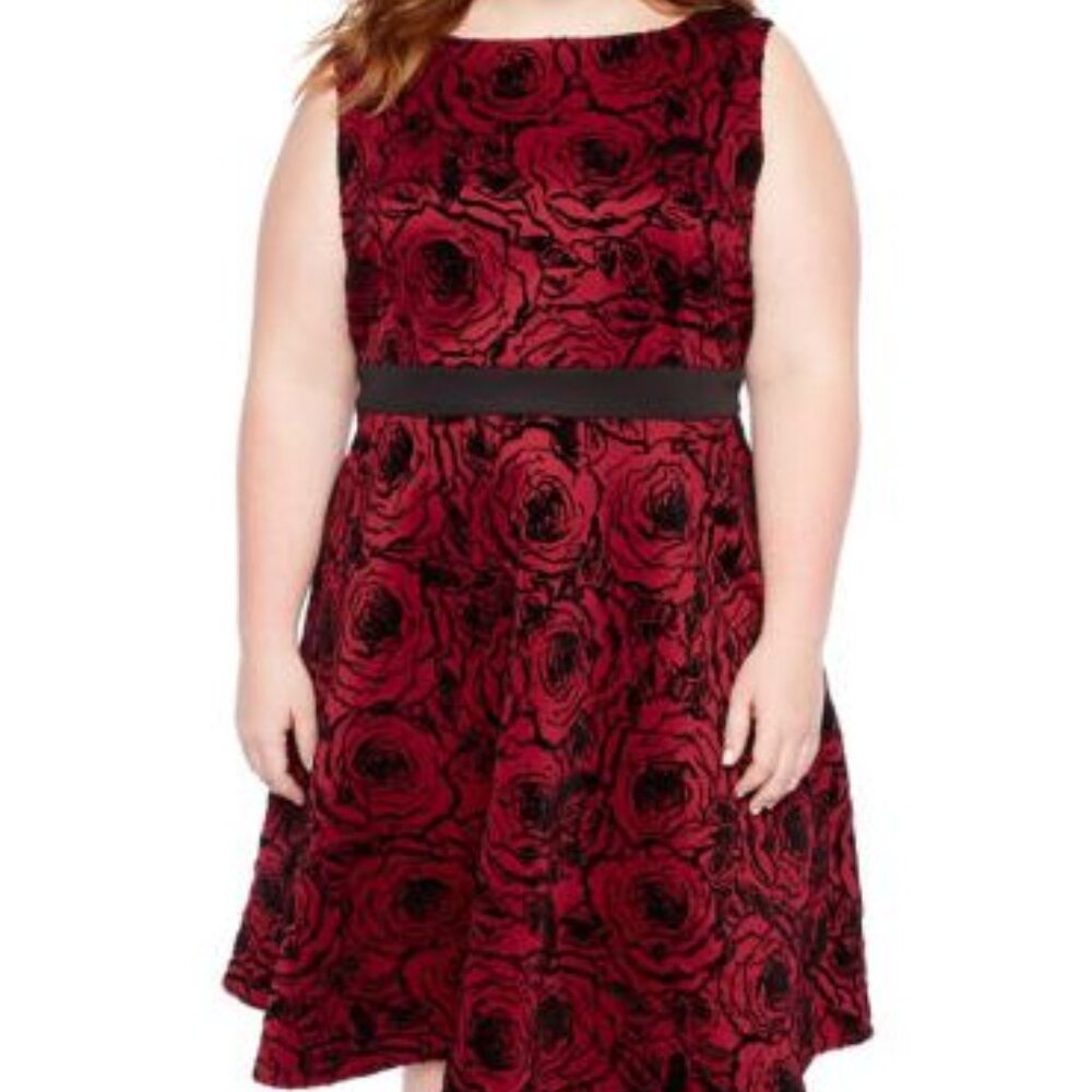 NWT Danny & Nicole Fit & Flare Cranberry Black Velvet Sleeveless Dress Size 24W